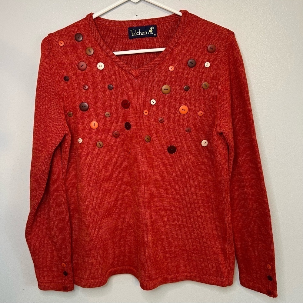 Tulchan Cotton V Neck Sweater Orange Sz M Buttons Teacher Artsy Student Retro